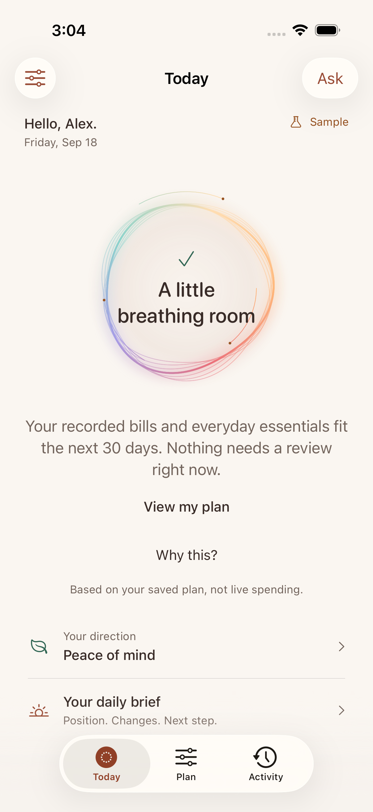 Muchmony app preview with sample data: a softly colored circle says A little breathing room, followed by a saved-plan summary, a Peace of mind goal, and Your daily brief.